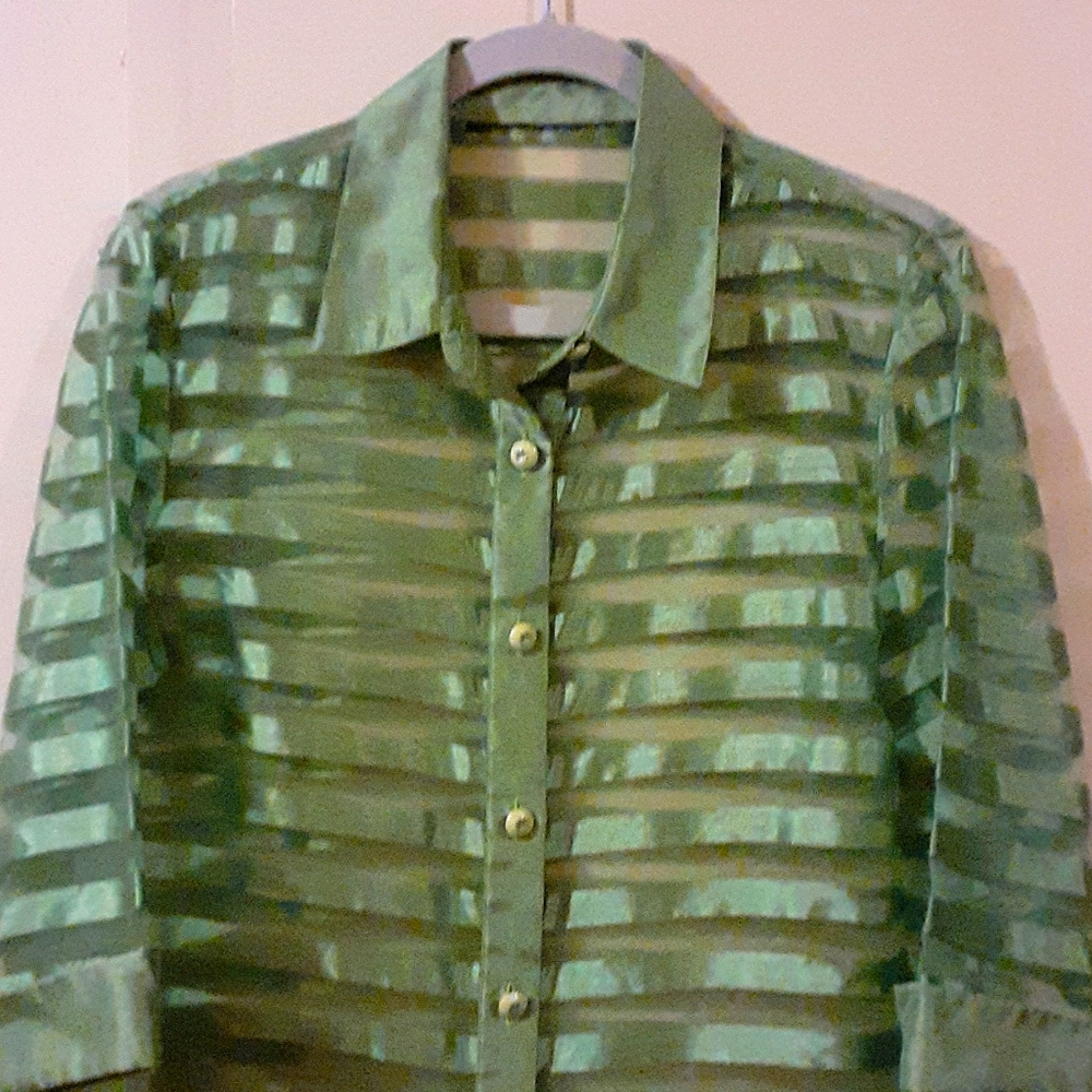 JACKET SILK 100% COUTURE Green & Shèer Striped  Neiman Vtg Sheer